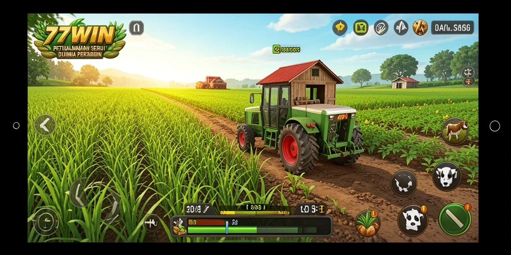 Screenshot gameplay <strong>77WIN</strong> menampilkan ladang yang subur dan hewan yang lucu.