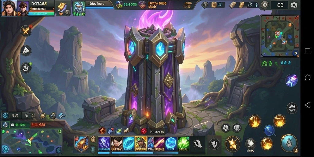 Tampilan gameplay DOTA88 menampilkan menara yang menghancurkan musuh dalam pertempuran.
