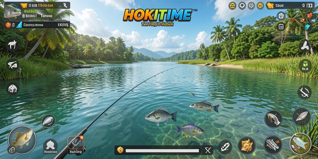 Gambaran menawan gameplay memancing di HOKITIME.