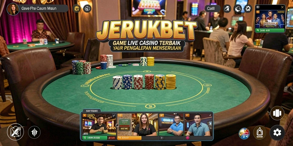 Screenshot gameplay JERUKBET yang menunjukkan interaksi dealer langsung dan suasana permainan.