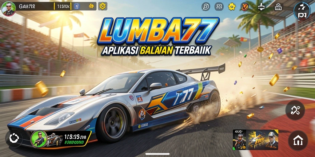 Tampilan gameplay seru LUMBA77 dengan mobil balap di trek menantang.