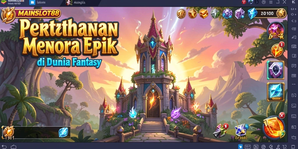 Screenshot gameplay MAINSLOT88 menampilkan aksi menara melawan gelombang musuh yang intens.
