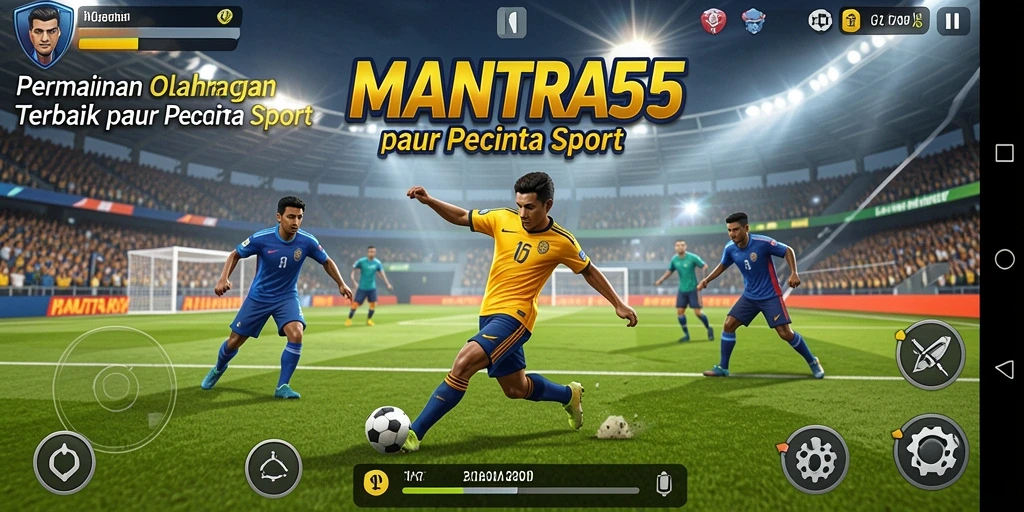 Tampilan gameplay seru di aplikasi MANTRA55 yang menggambarkan berbagai aktivitas olahraga.