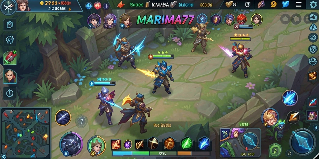 Screenshot MARIMA77 menampilkan aksi gameplay seru dalam pertarungan MOBA.