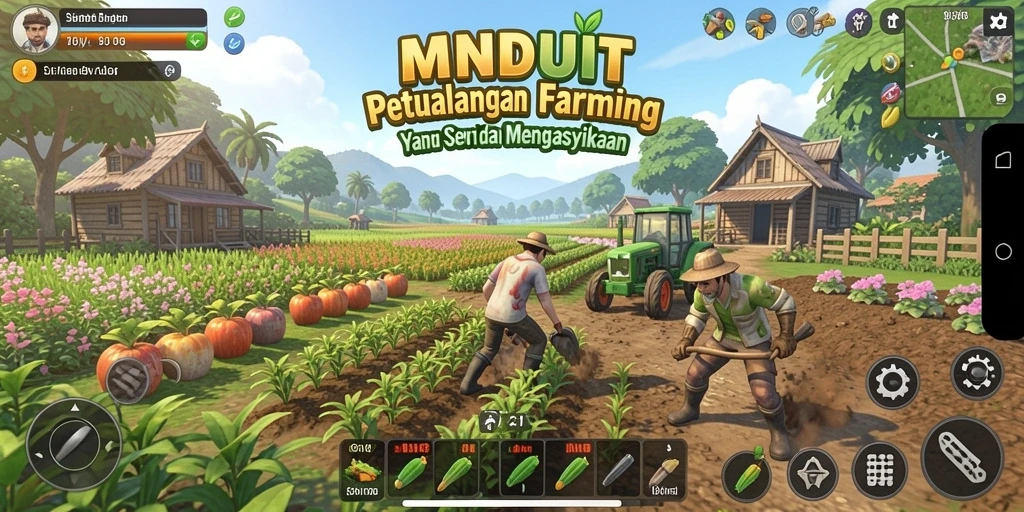Tangkapan layar gameplay MNDUIT yang menunjukkan ladang yang subur dan hewan peliharaan.