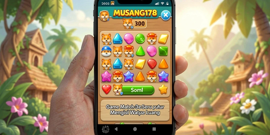 Tampilan gameplay Match-3 yang menarik dan penuh warna.