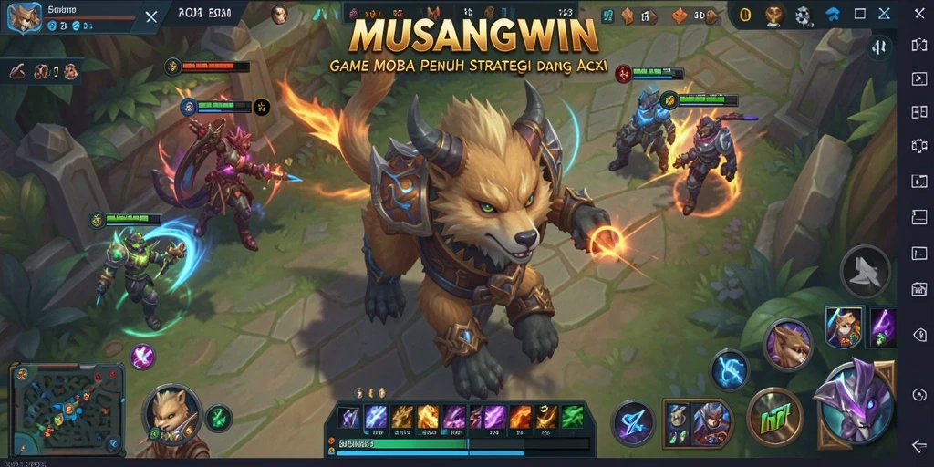 Screenshot gameplay MOBA yang intens dan strategis di MUSANGWIN.
