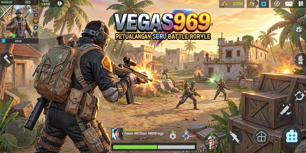 Tangkapan layar gameplay <strong>VEGAS969</strong> menampilkan pertempuran intens dalam arena Battle Royale.