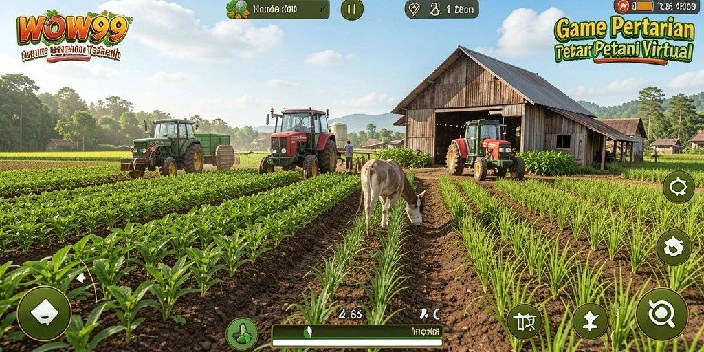 Tampilan gameplay WOW99 yang memukau dengan ladang hijau subur.